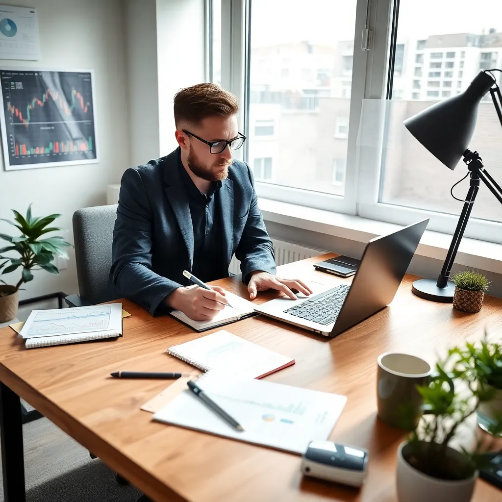 Persoon die beleggingsstrategie plant met laptop en notities